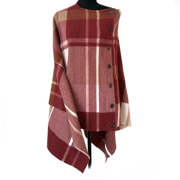 SIMPLY NOELLE ~ Women’s Red/White/Pink plaid button up cape scarf OS - Picture 1 of 10